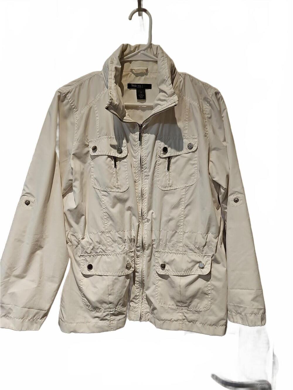 Style & Co Sport White Lightweight Hidden Hood Utility Jacket, Size M Petite